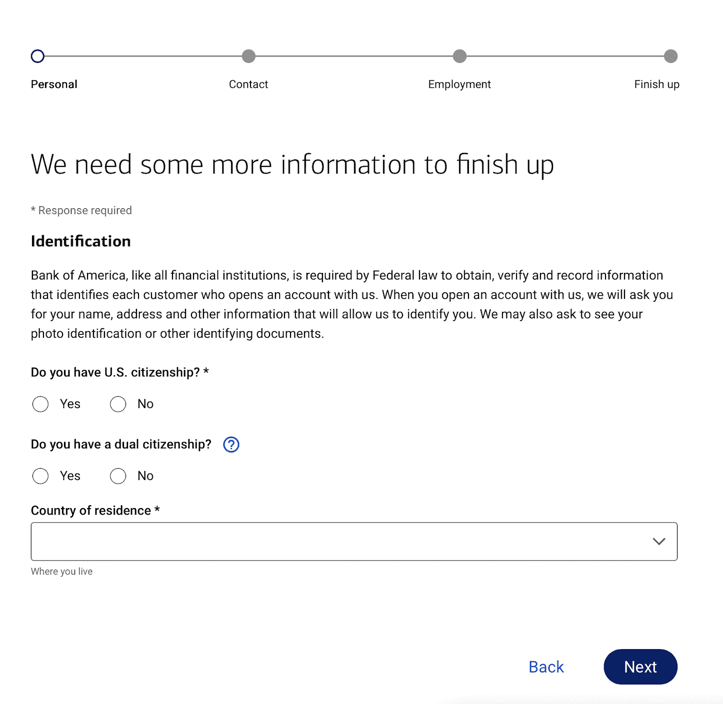 Screenshot of BankAmericard application step 4