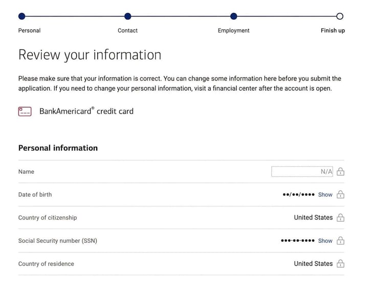 Screenshot of BankAmericard application step 8a