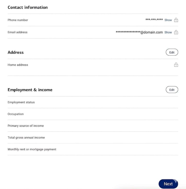Screenshot of BankAmericard application step 8b