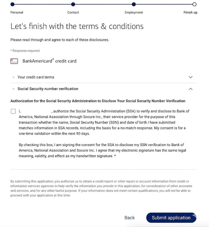 Screenshot of BankAmericard application step 9