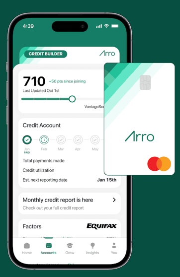 Screenshot of the Arro mobile app and Arro Card