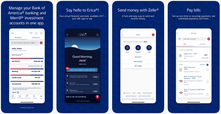 Screenshots of the Bank of America mobile app from the Apple App Store