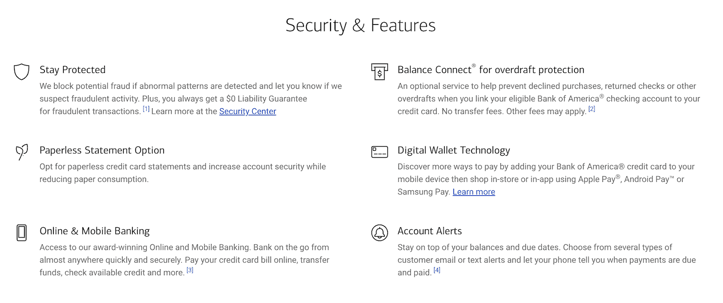 Screenshot of BankAmericard security features