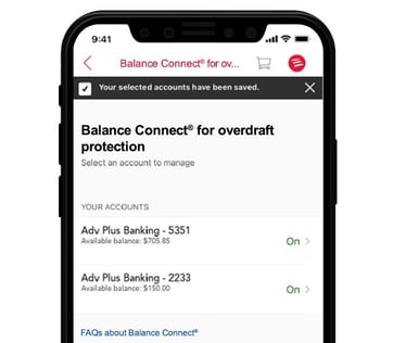 Screenshot of Balance Connect on Bank of America Mobile App