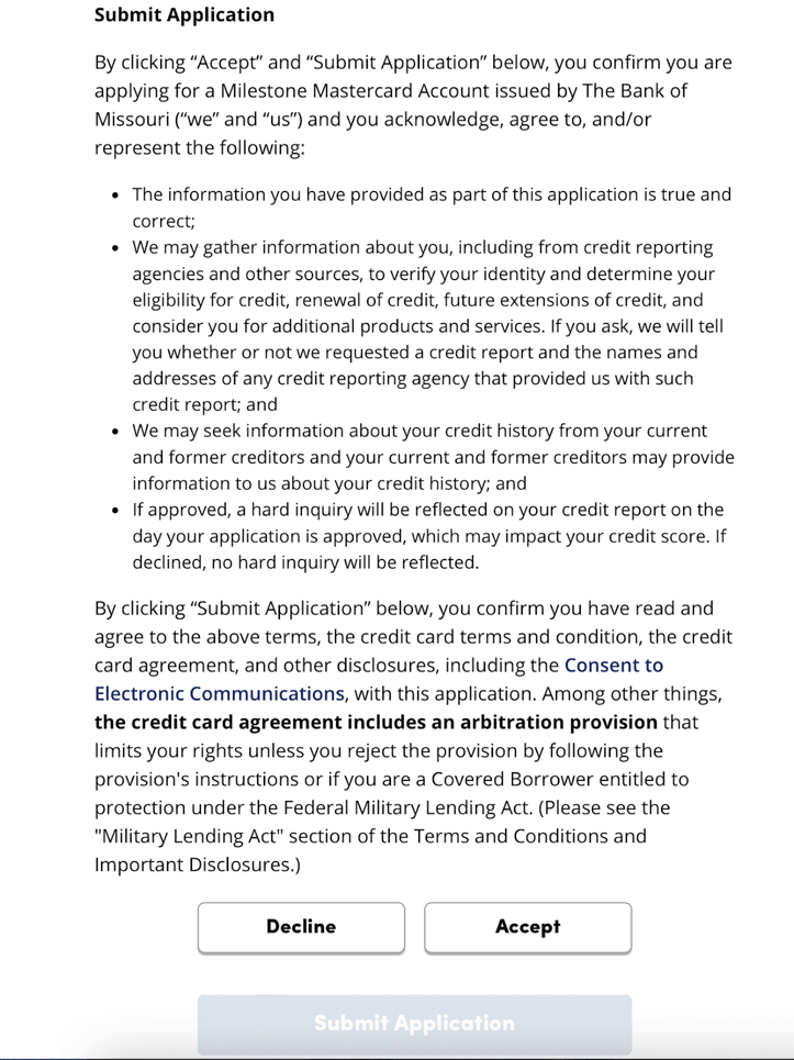 Milestone Mastercard with Cashback Rewards Application Section 6