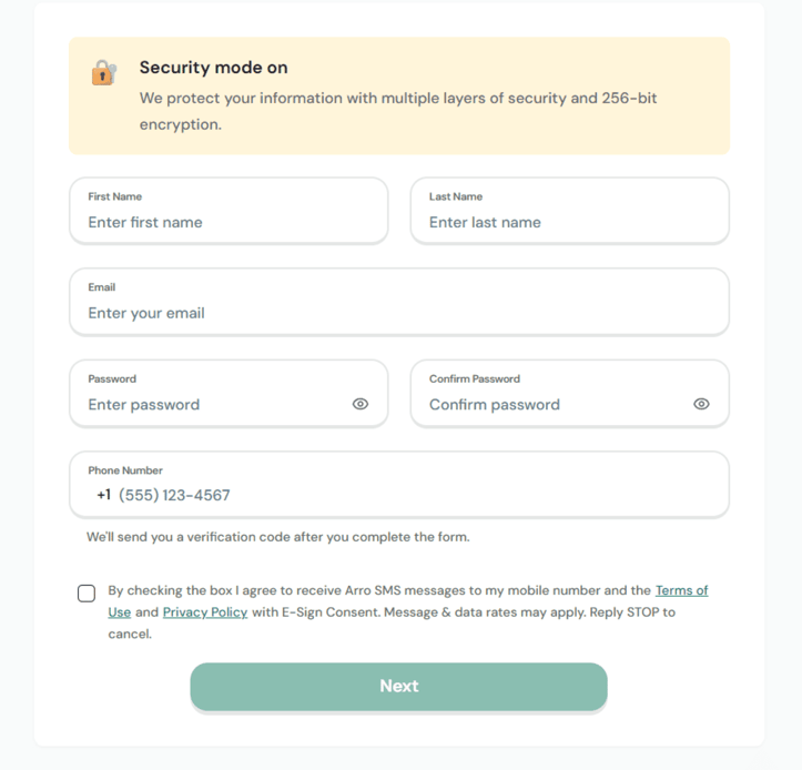 Screenshot of Arro Card application step 1