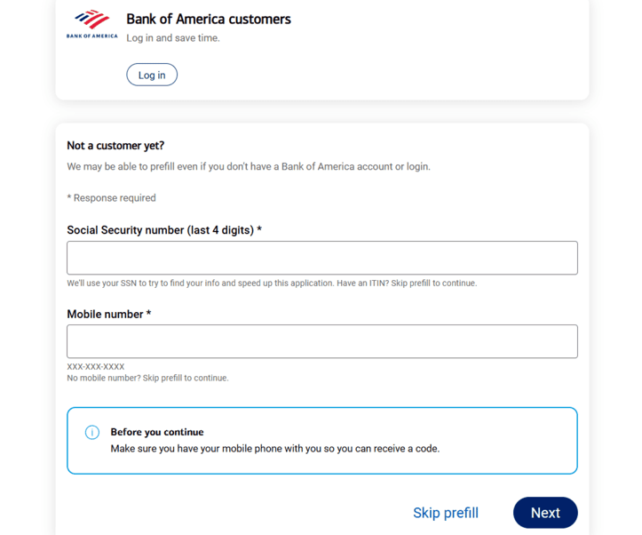 Screenshot of BankAmericard credit card for Students application step 1