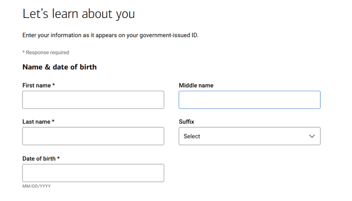 Screenshot of BankAmericard credit card for Students application step 2
