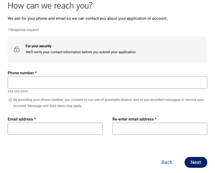 Screenshot of BankAmericard credit card for Students application step 4