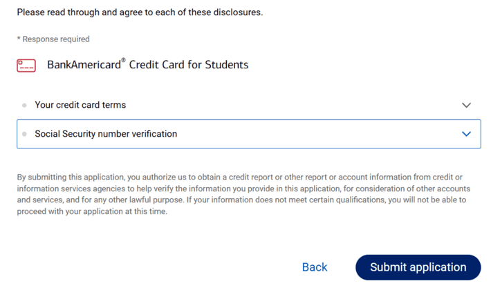 Screenshot of BankAmericard credit card for Students application step 10