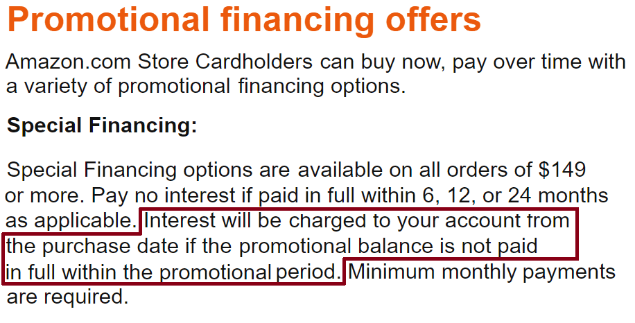 Screenshot of Amazon.com Credit Card Special Financing Page Screenshot of Amazon.com Credit Card Special Financing Page