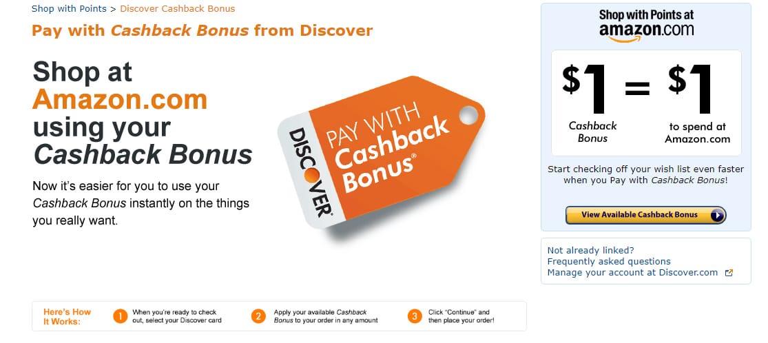 Screenshot of Discover Cashback Landing Page on Amazon.com Screenshot of Discover Cashback Landing Page on Amazon.com